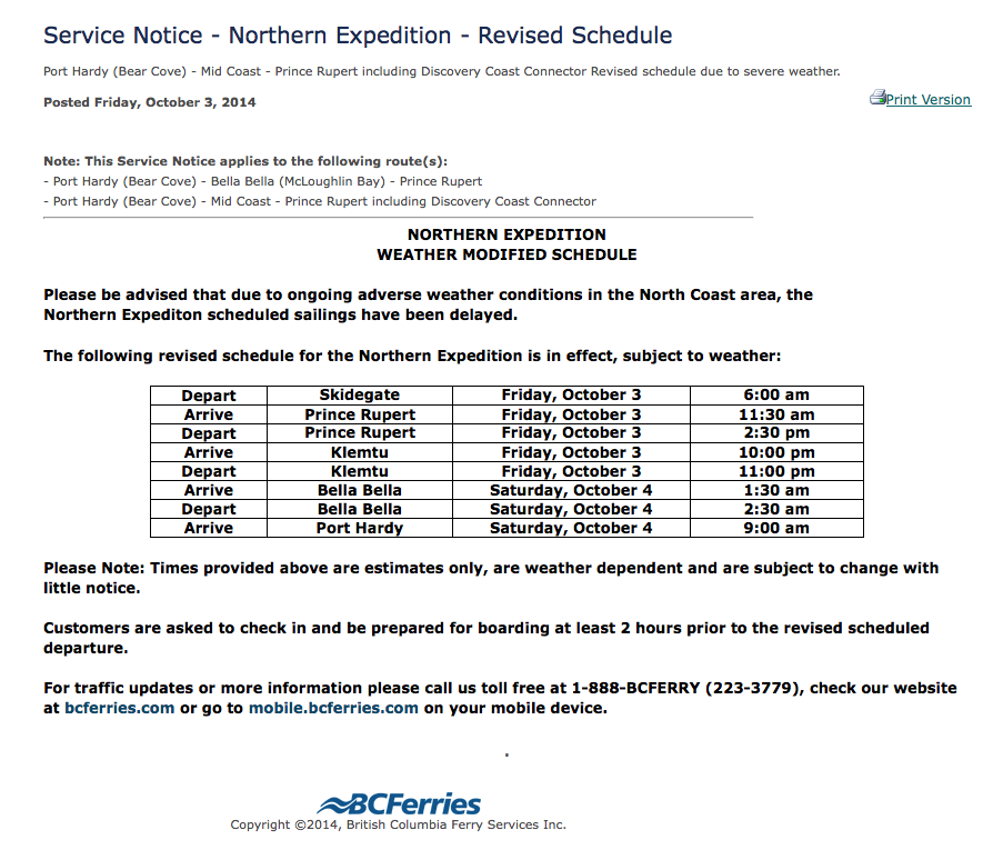 North Coast Review BC Ferries On Revised Schedule Due To 