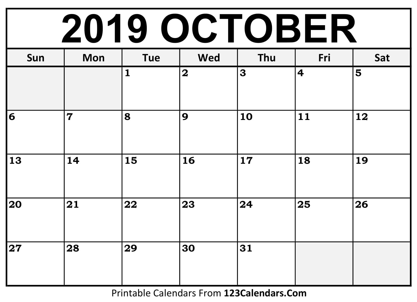 October 2019 Printable Calendar 123Calendars