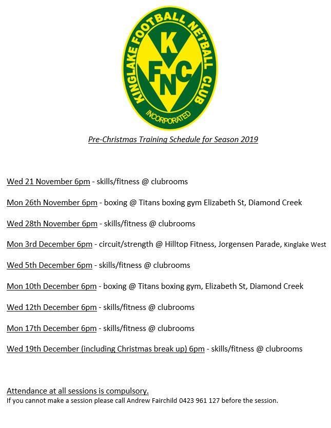 Pre Christmas Football Training Schedule For Season 2019 