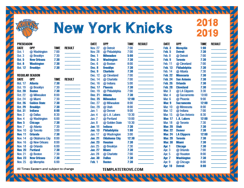 Printable 2018 2019 New York Knicks Schedule