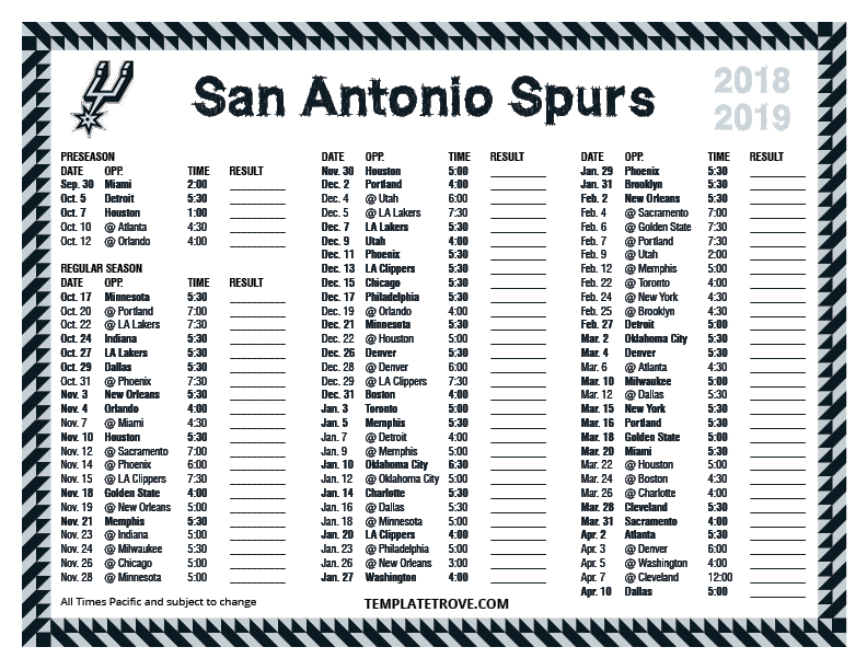 Printable 2018 2019 San Antonio Spurs Schedule