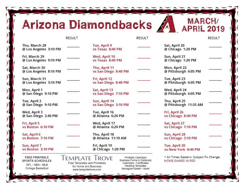 Printable 2019 Arizona Diamondbacks Schedule