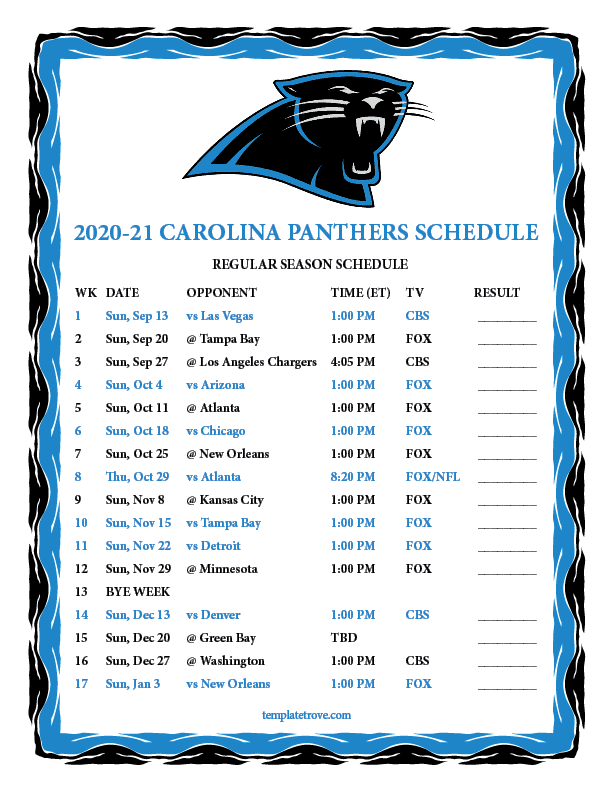 Printable 2020 2021 Carolina Panthers Schedule