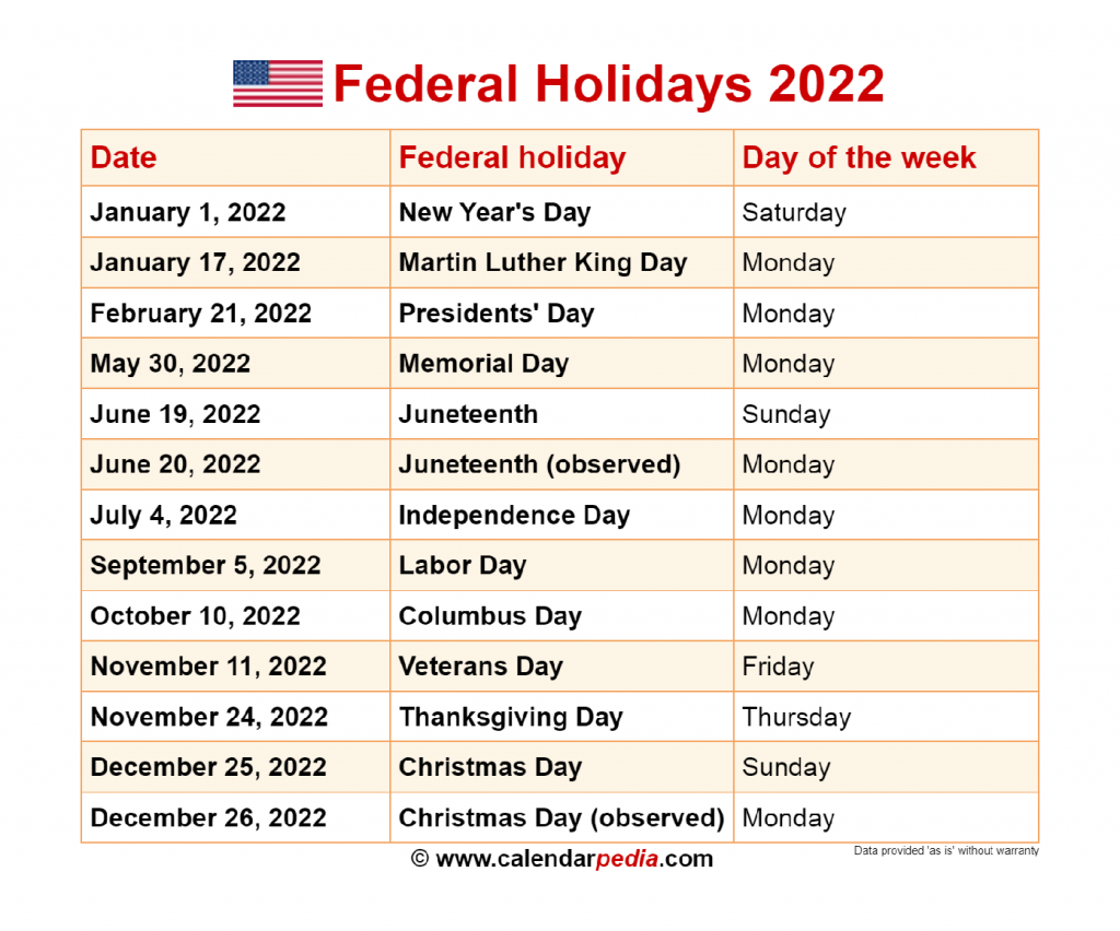 Printable 2022 Holiday Schedule Printable Calendar 2021