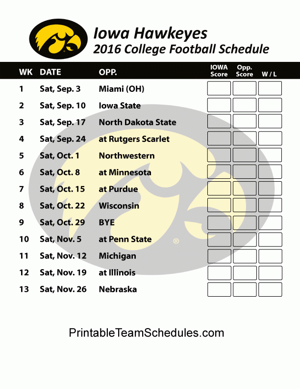 Printable Iowa Hawkeyes Football Schedule 2016 Iowa 