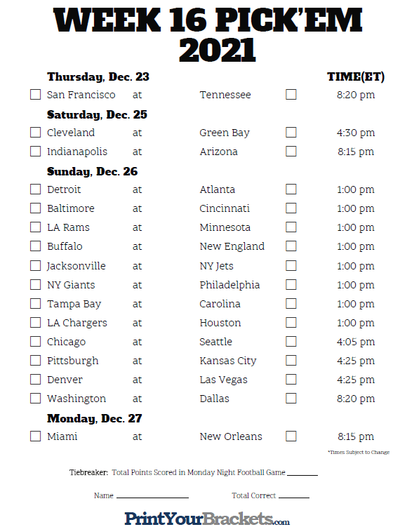 Printable NFL Week 16 Schedule Pick Em Pool 2021