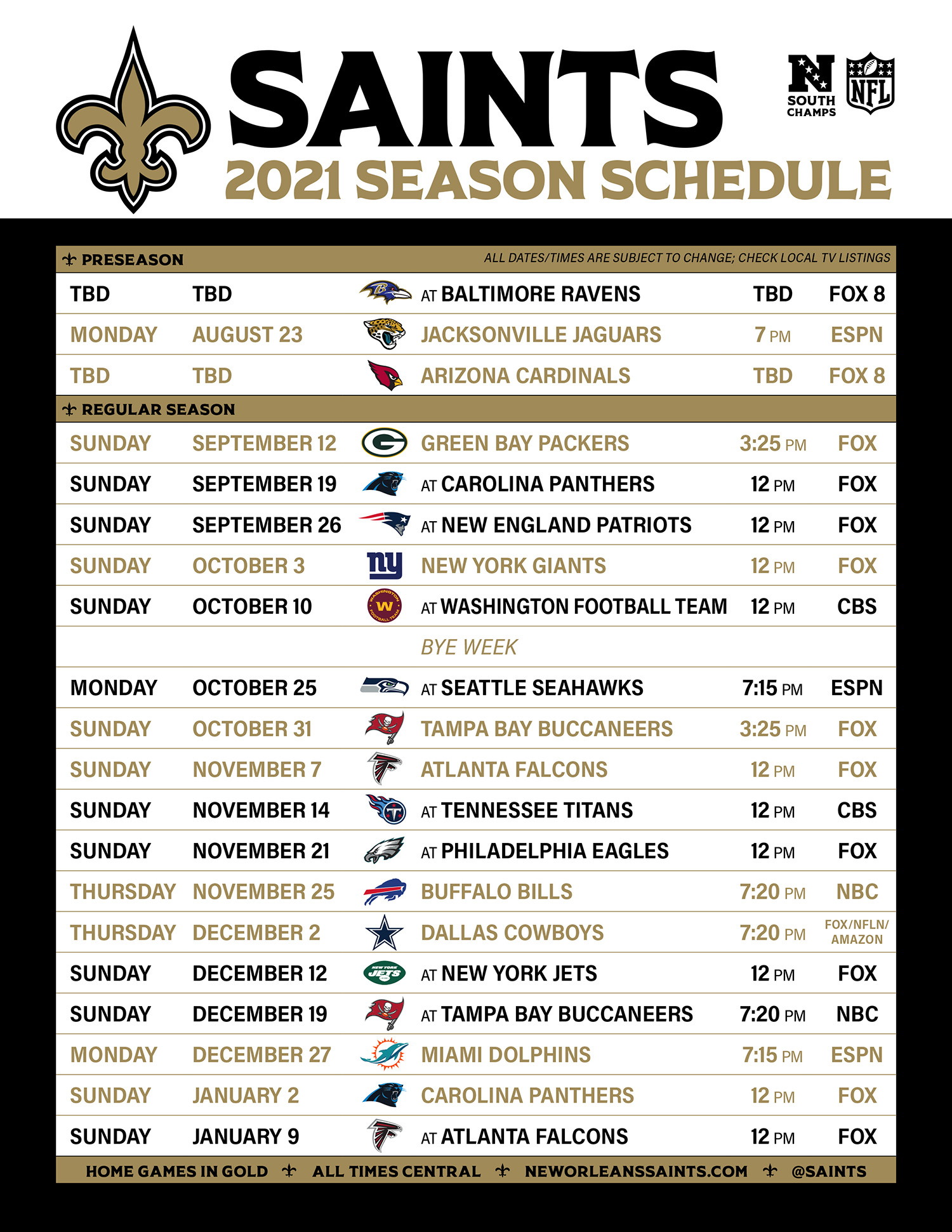 Saints Release Full 2021 Schedule Includes 5 Primetime Games