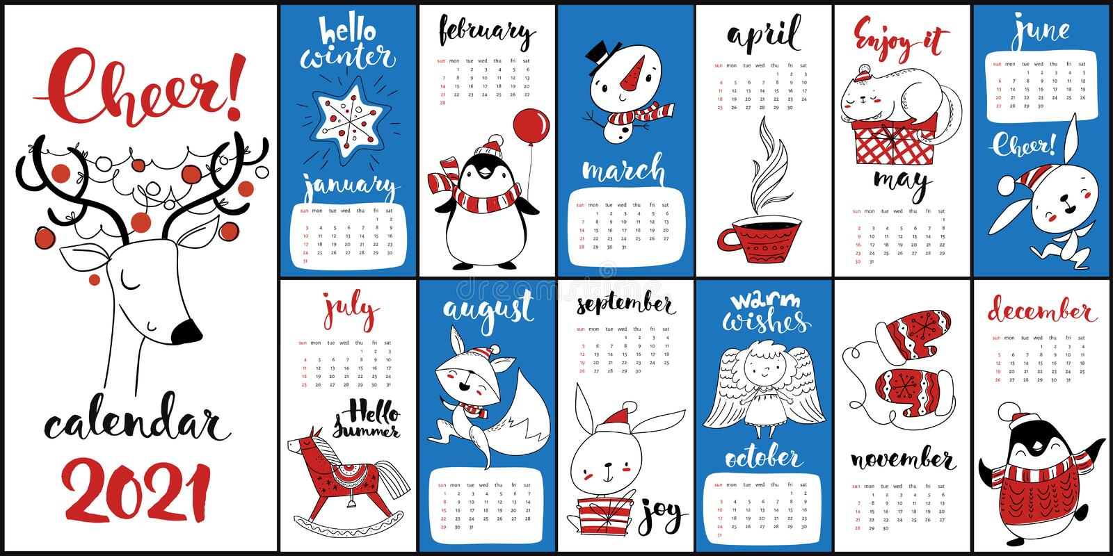Vector Cartoon 2021 Calendar With Christmas Symbols In Red 