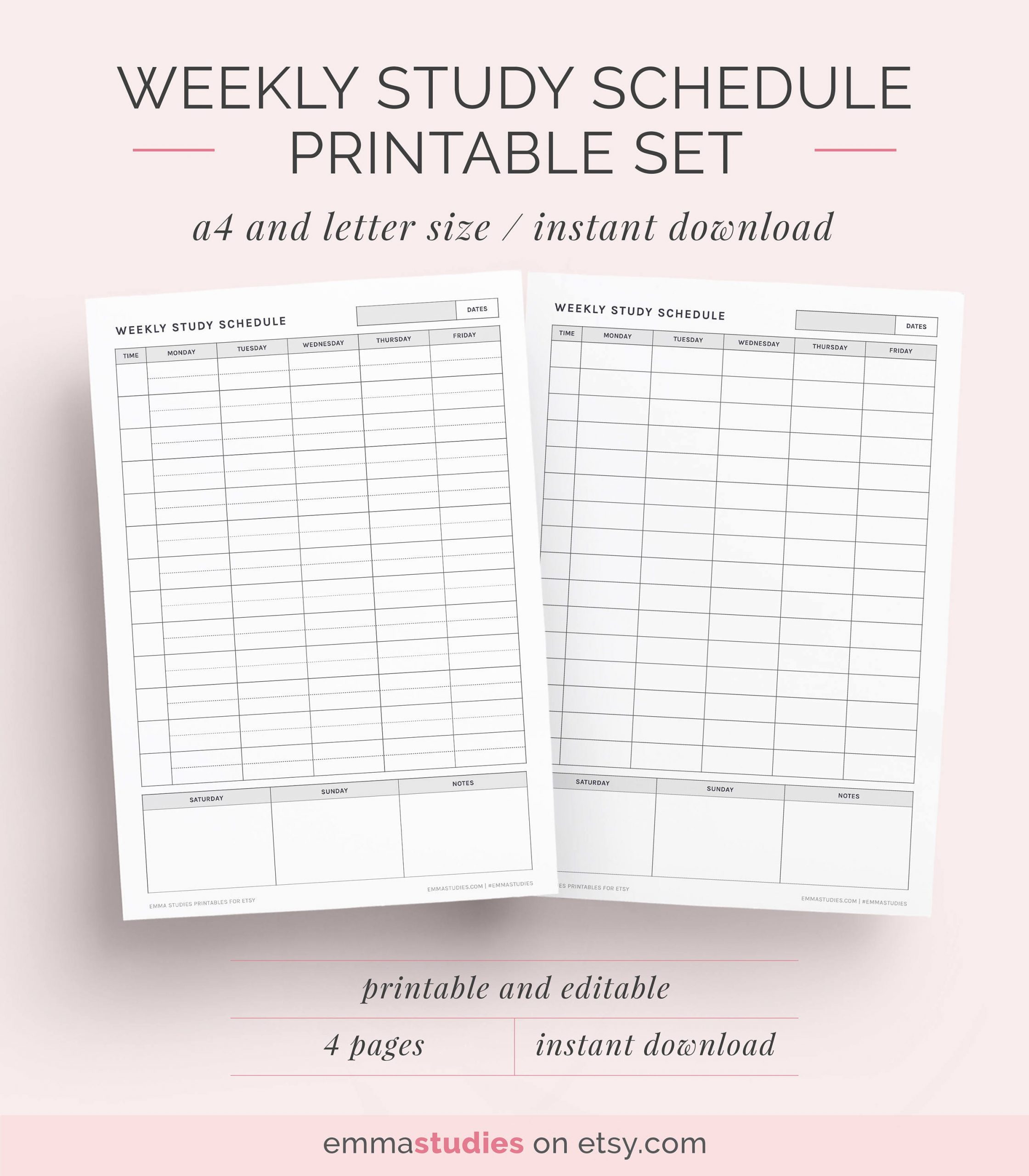 Weekly Study Schedule Printable Set Student Planner Agenda 