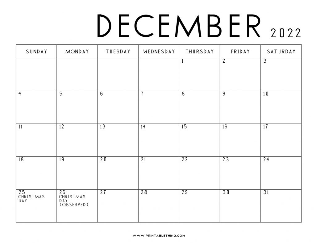 20 December 2022 Calendar Printable US Holidays Blank