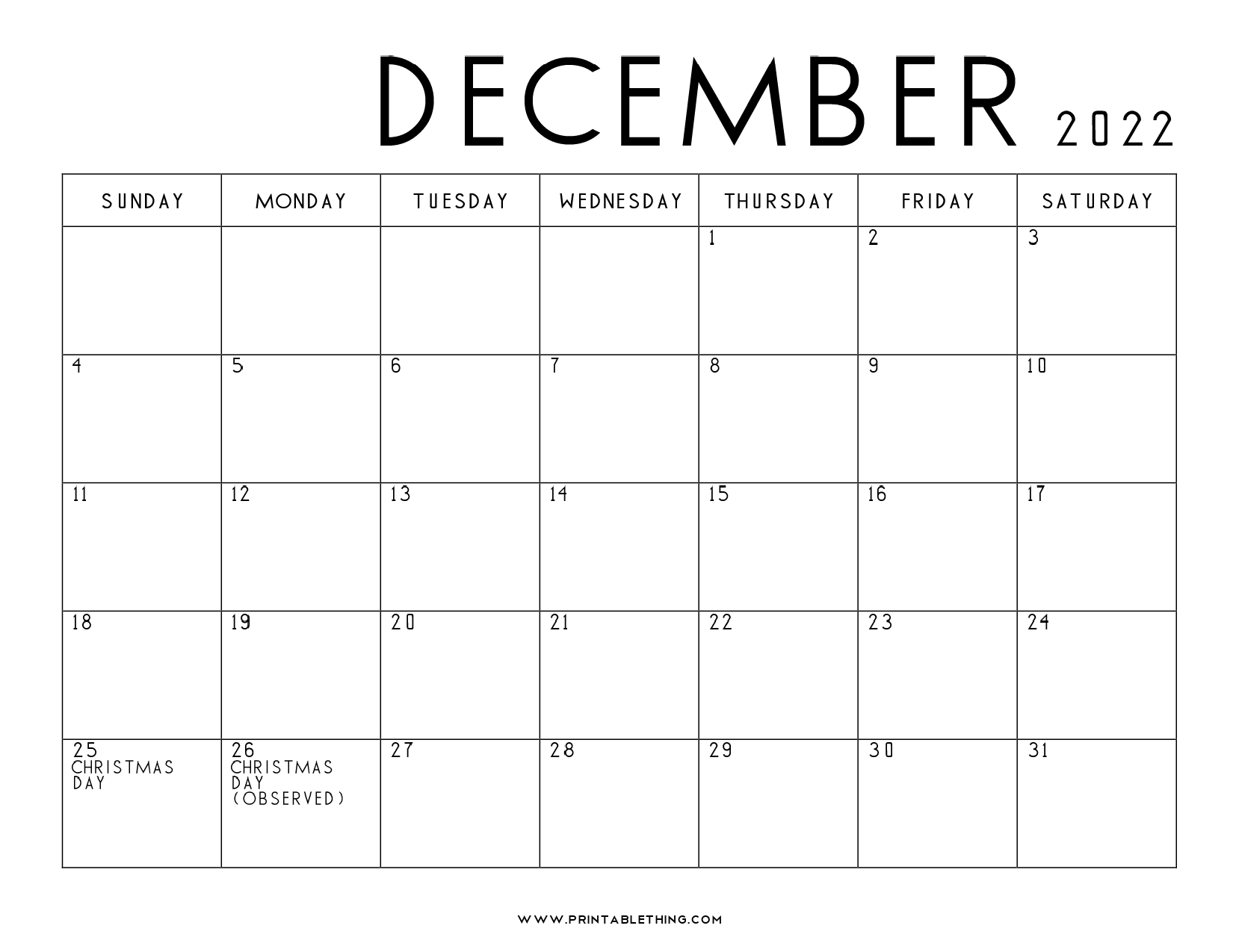 20 December 2022 Calendar Printable US Holidays Blank 