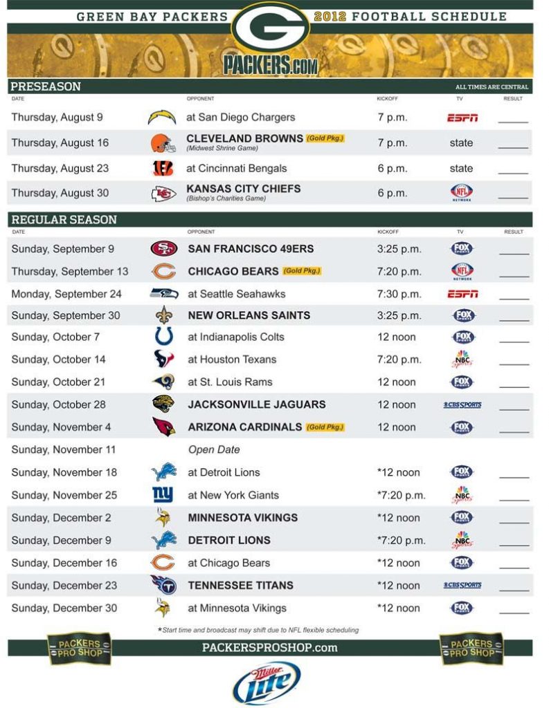 2012 Schedule Green Bay Packers Game Green Bay Packers