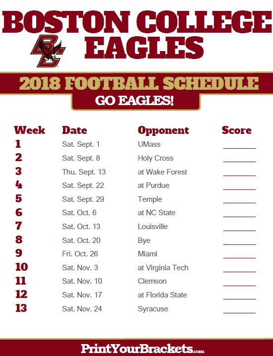 2018 Printable Boston College Eagles Football Schedule 
