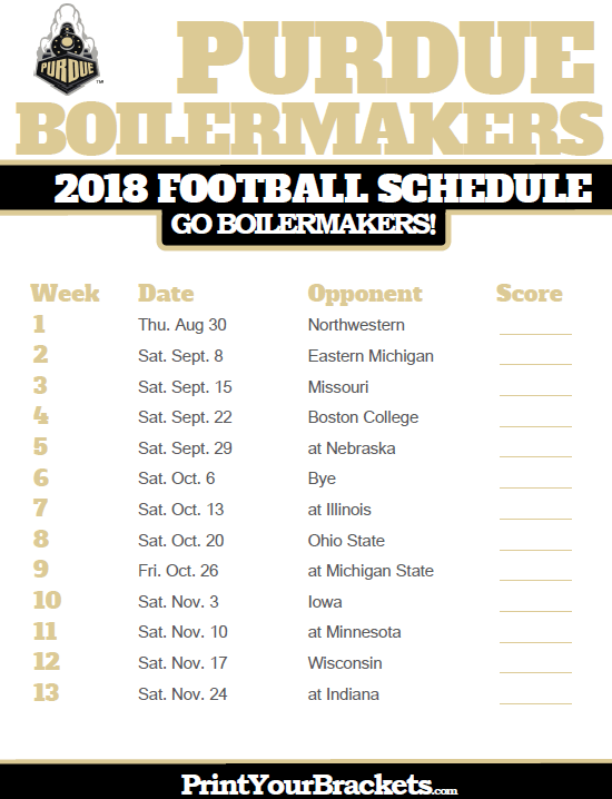 2018 Printable Purdue Boilermakers Football Schedule
