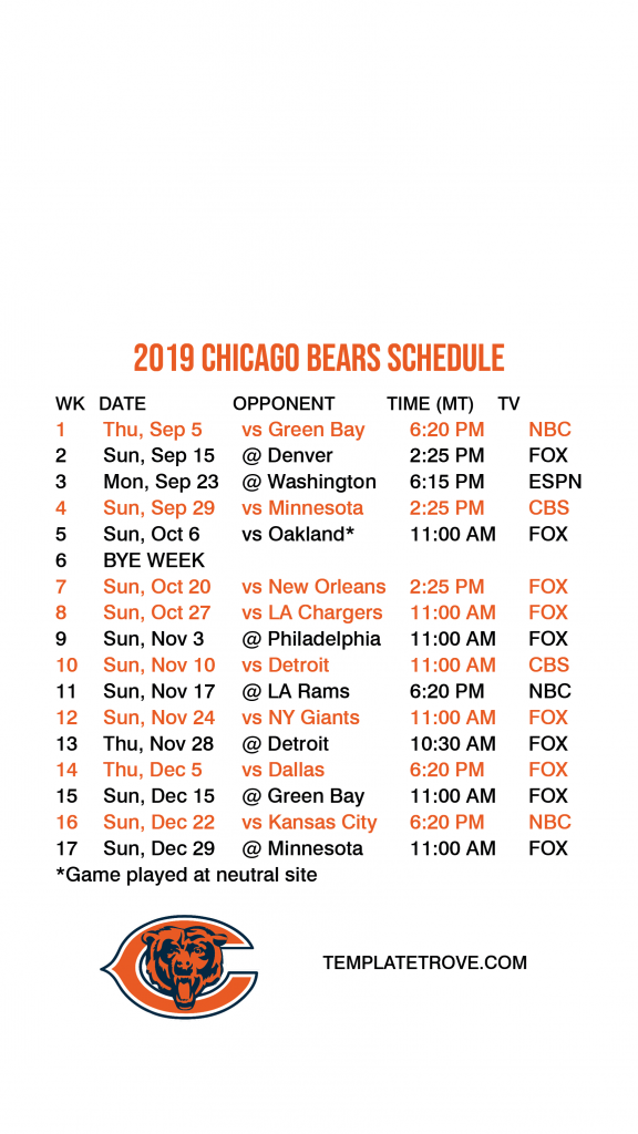 2019 2020 Chicago Bears Lock Screen Schedule For IPhone 6