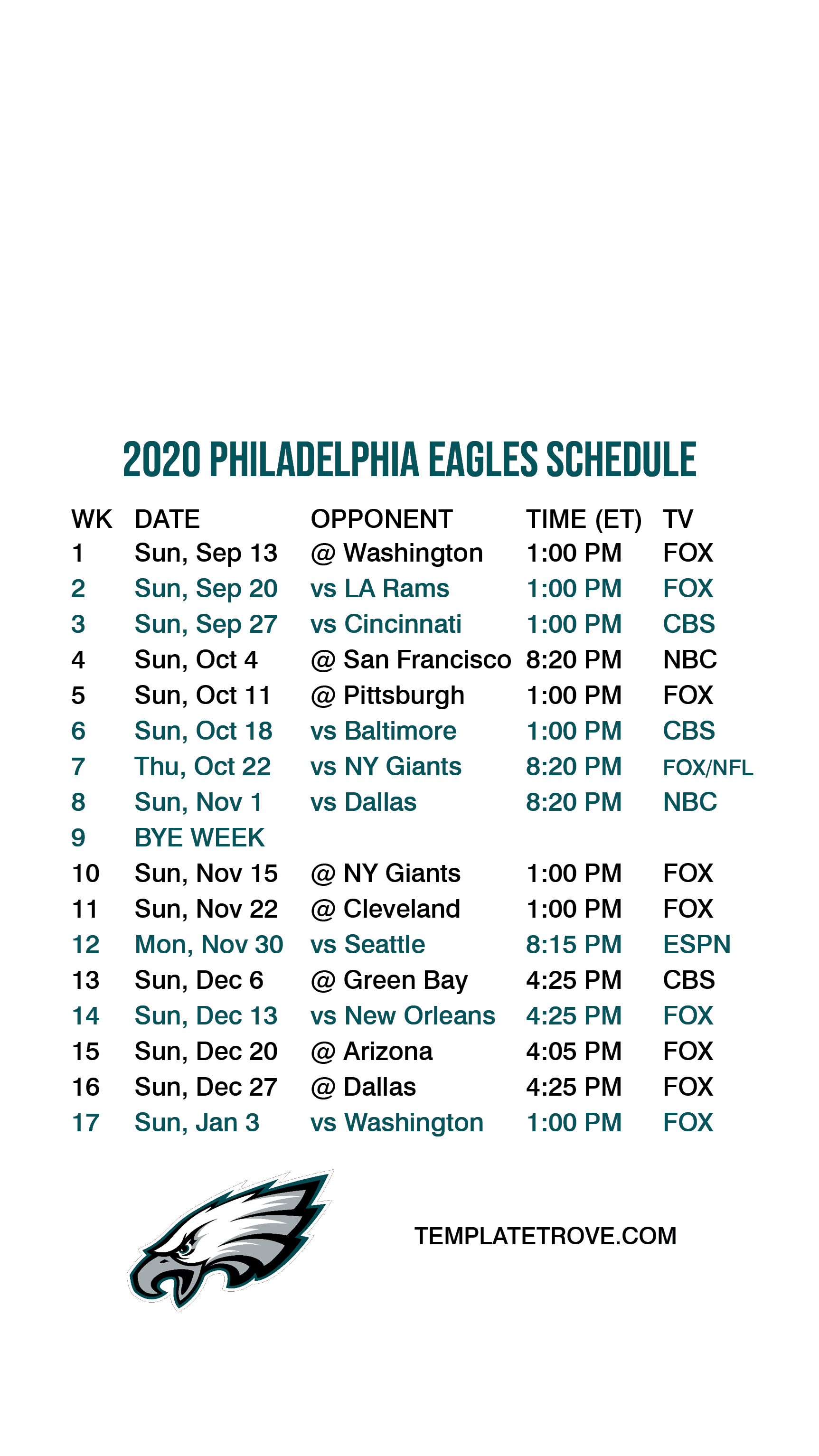 2020 2021 Philadelphia Eagles Lock Screen Schedule For 