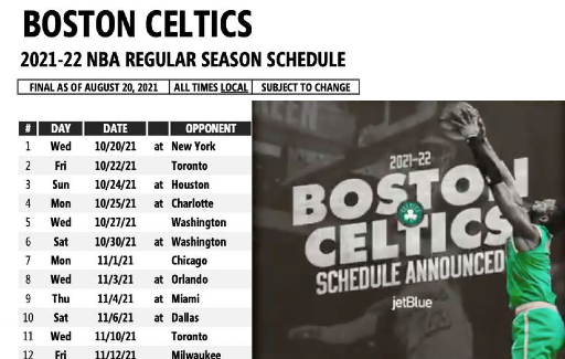 2021 2022 Boston Celtics Schedule Released