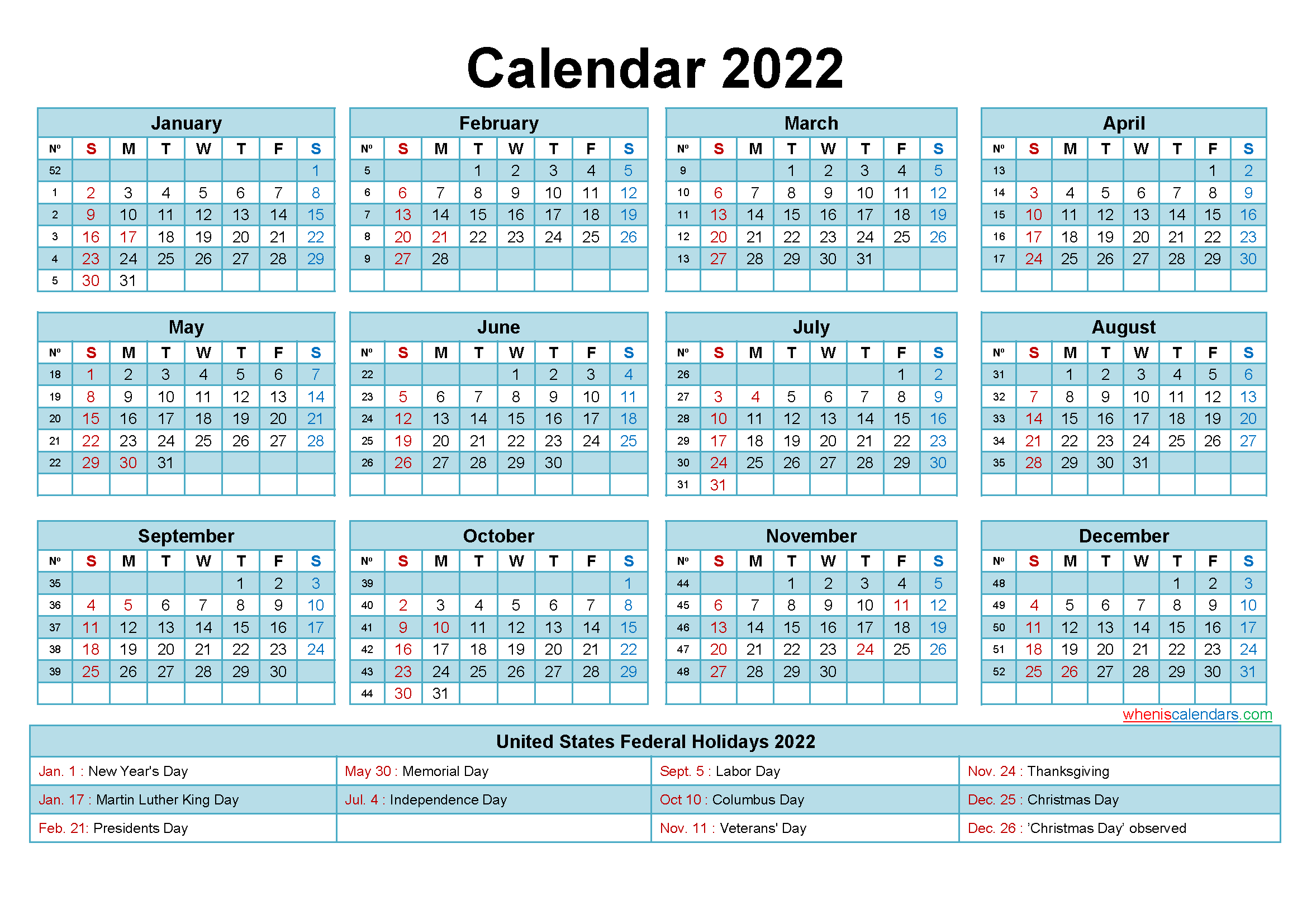 2022 Calendar With Holidays Printable Word PDF