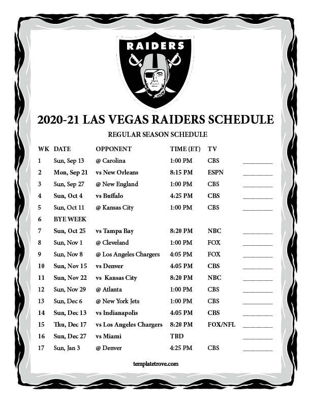 2022 Oakland Raiders Schedule Printable Printable Schedule