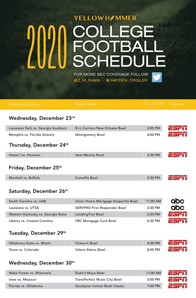 College Football Bowl Schedule Printable