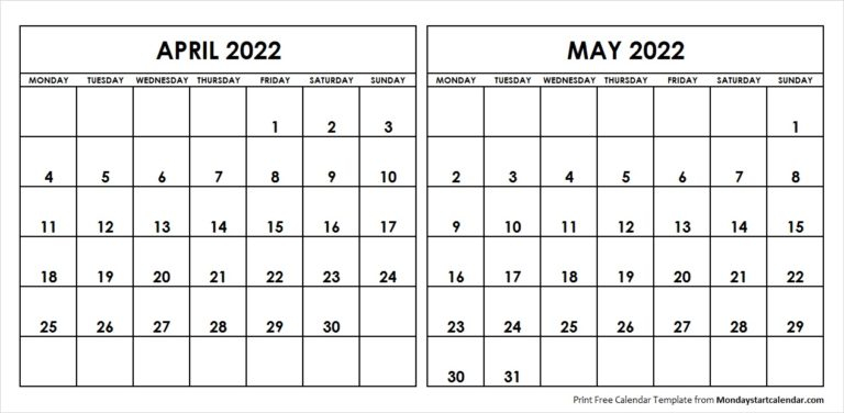 April May 2022 Calendar Monday Start Editable Two Months 
