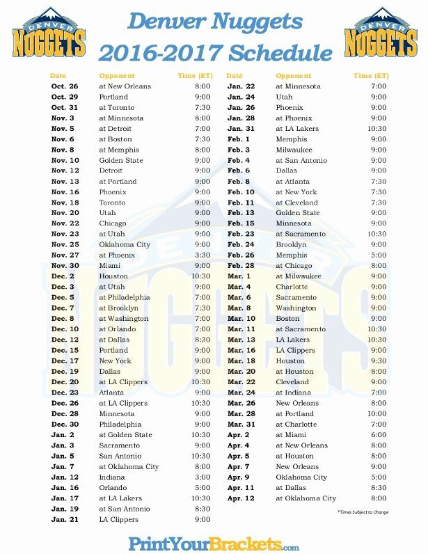 Basketball Schedule Template Elegant Printable Denver Nug