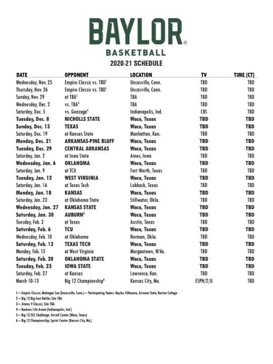 Baylor Men S Basketball Reveals 2020 21 Schedule SicEm365