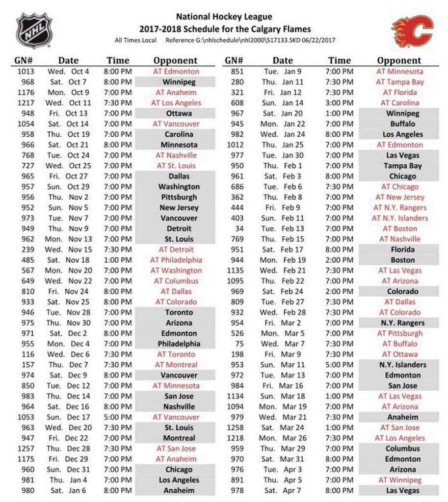 Calgary Flames 2017 18 Schedule Unveiled Matchsticks And