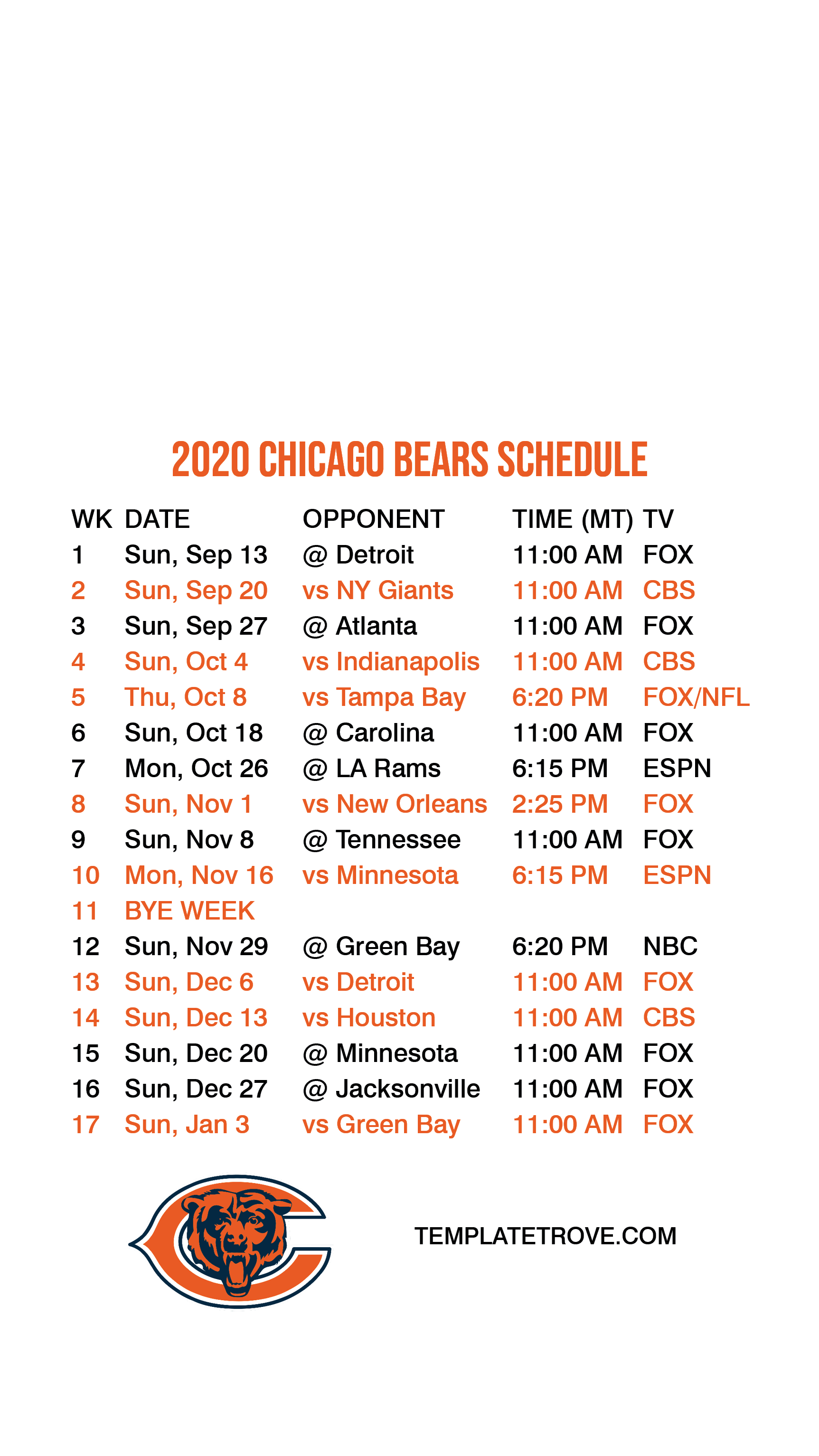 Chicago Bears Schedule 2020 2021 Printable Schedule The 