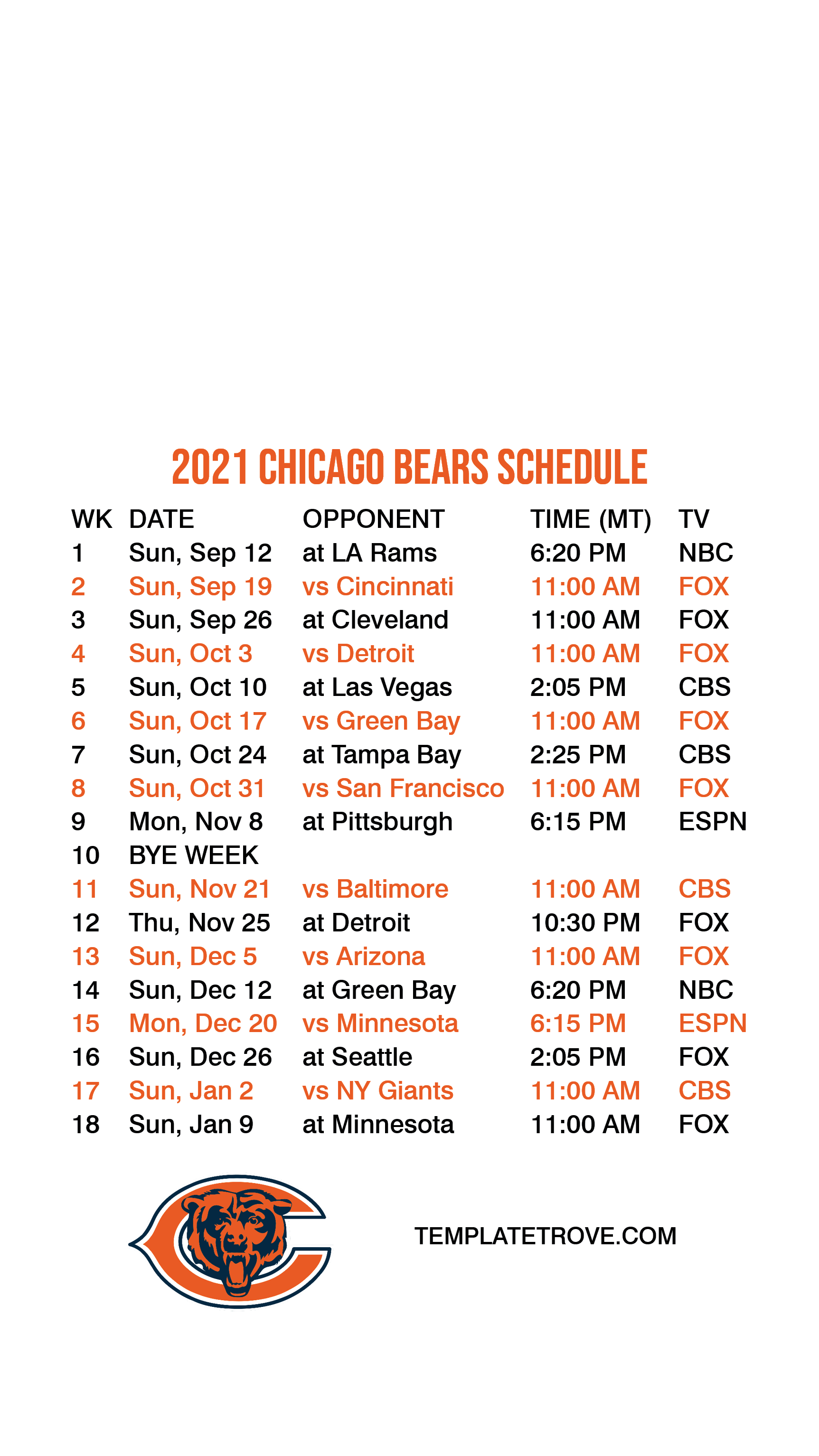 Chicago Bears Schedule 2021 2022 2021 Chicago Bears 