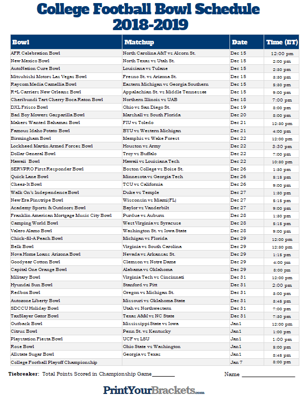 College Bowl Game Schedule 2021 2022 Printable 