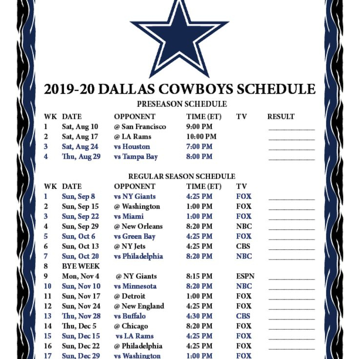Cowboys Football Schedule 2022 18 Printable Cowboys 