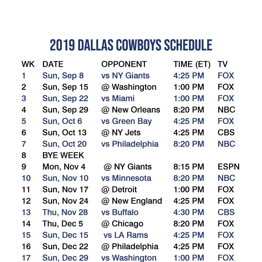 Dallas Cowboys Printable Schedule 2020 2020 Qualads