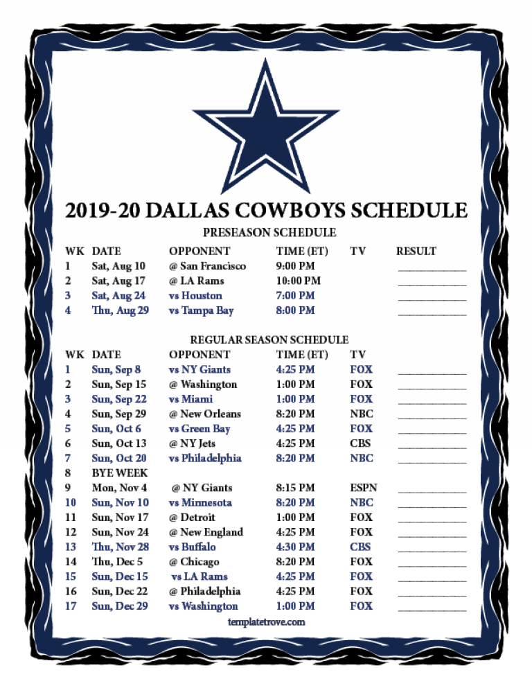 Dallas Cowboys Printable Schedule 2020 Qualads