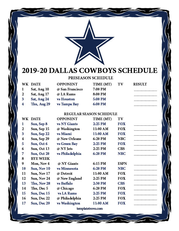 Dallas Cowboys Schedule 2023 Printable Cowboys Schedule