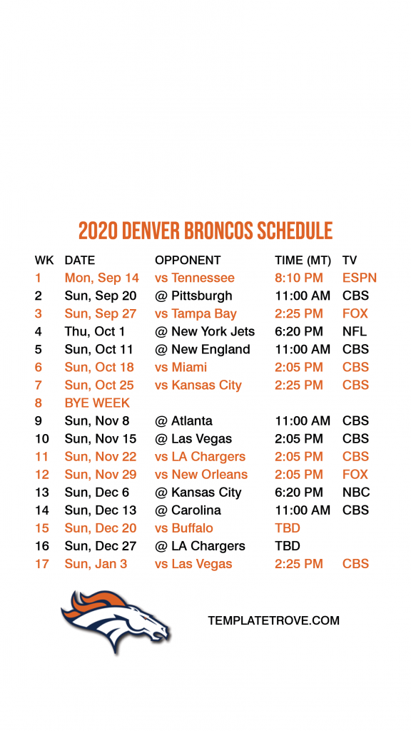 Denver Broncos Schedule 2021 22 Printable SEC