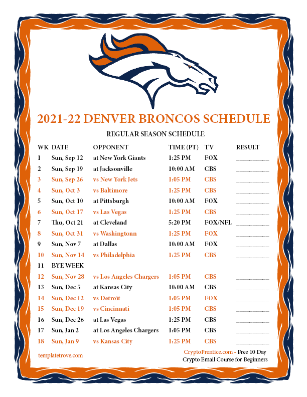 Denver Broncos Schedule Printable Printable Schedules