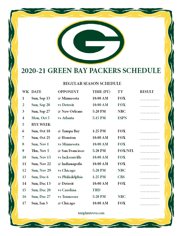 Free Printable Nfl Schedule For The Greenbay Packers 