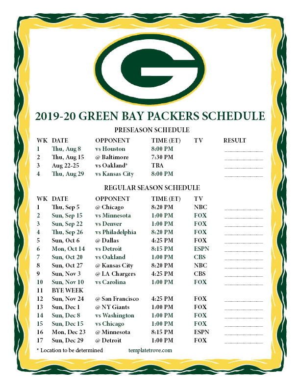 Green Bay Packers Printable Schedule FreePrintableTM