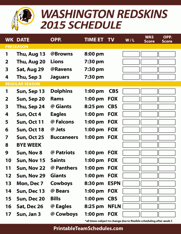 Nfl Redskins Printable Schedule UNFLO