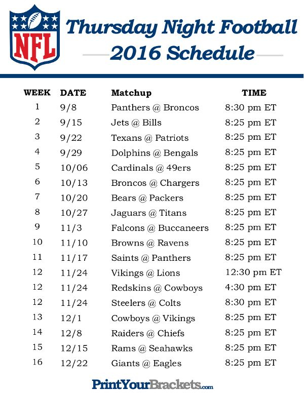 NFL Thursday Night Football Schedule 2016 Printable 