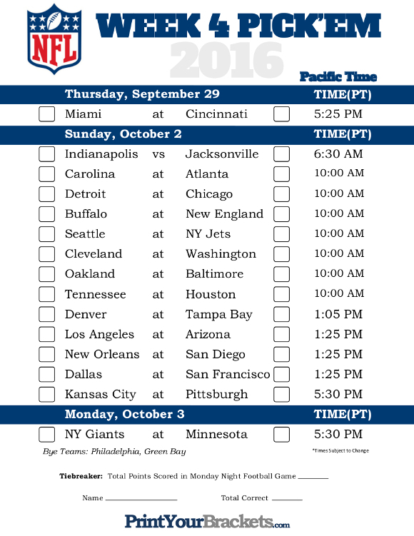 NFL Week 4 Schedule Printable NFL Schedule 2021 2022