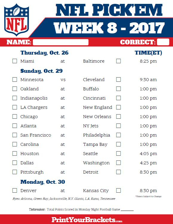 NFL Week 8 Pick em Sheet In Color Nfl Fantasy Football 