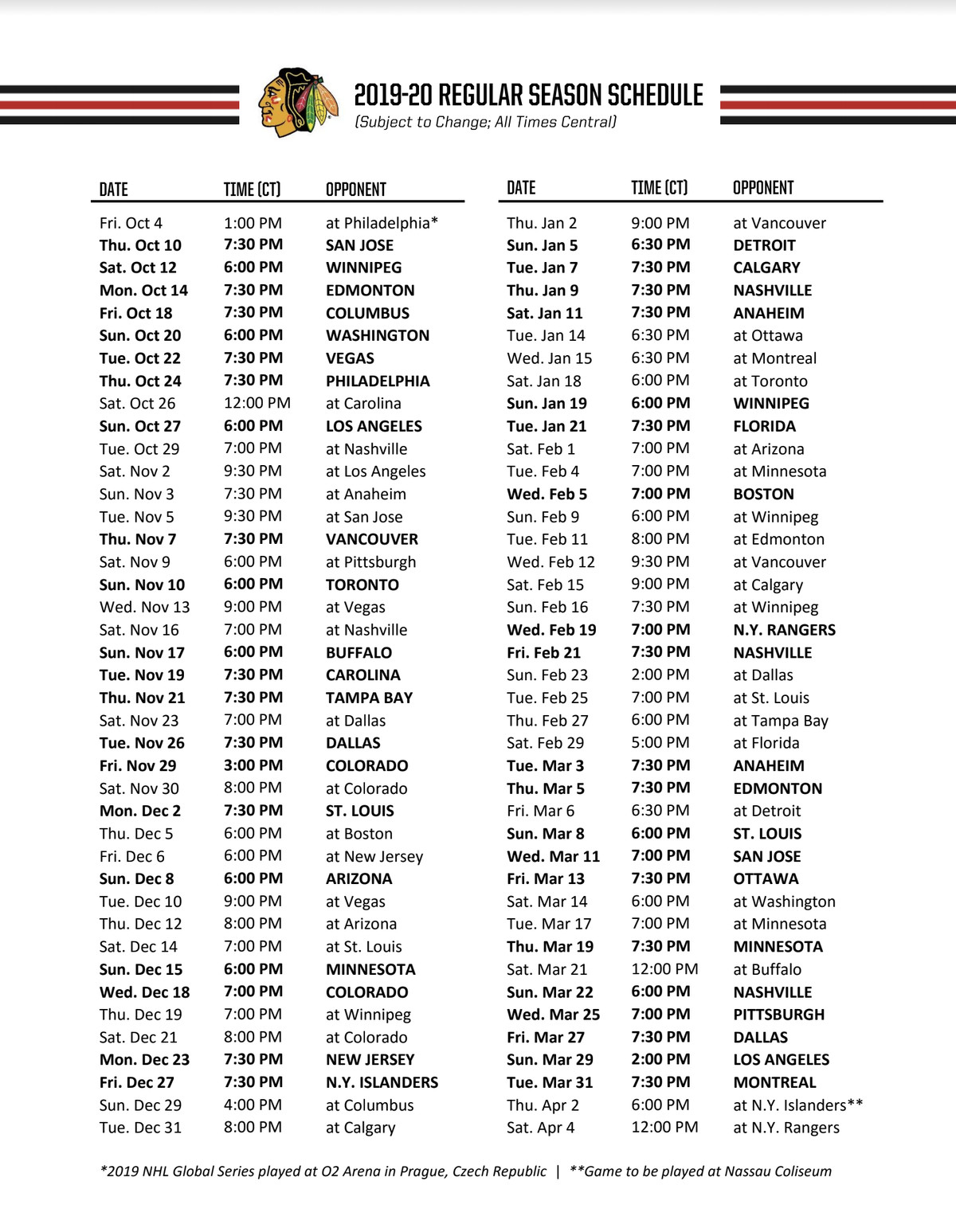 NHL 2019 20 Season Schedule Chicago Blackhawks Games 