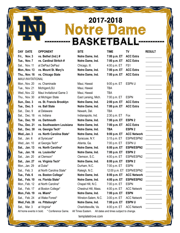 Notre Dame Football Schedule 2019 Printable 