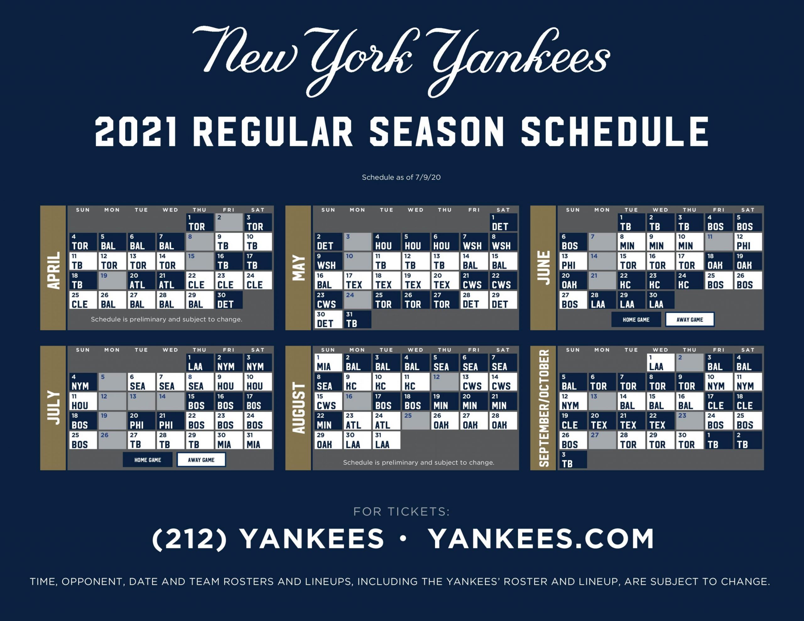 NY Yankees Baseball 2021 Schedule Hometown 1340 AM 105 