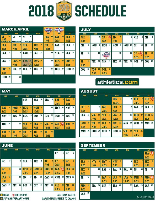 Oakland Athletics 2018 Schedule Oakland Oakland 