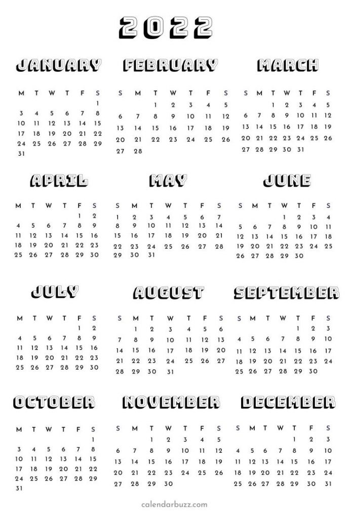 One Page 2022 Yearly Printable Calendar Free Download In