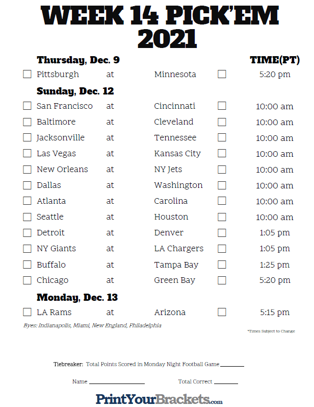 Pacific Time Week 14 NFL Schedule 2020 Printable