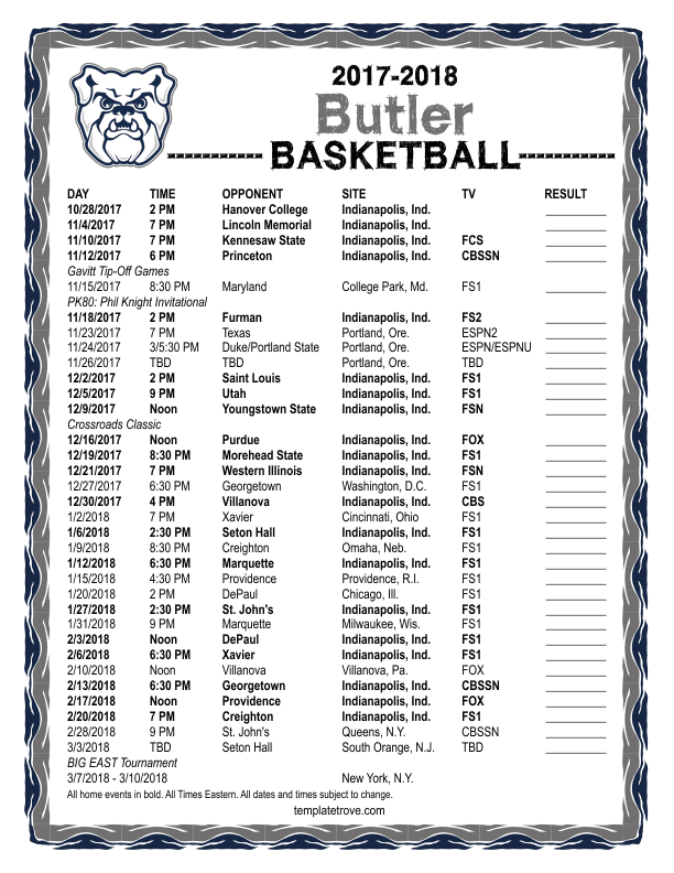 Printable 2017 2018 Butler Bulldogs Basketball Schedule
